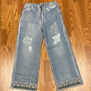 Blue super high rise  wide-leg  Jeans with Distressed Details